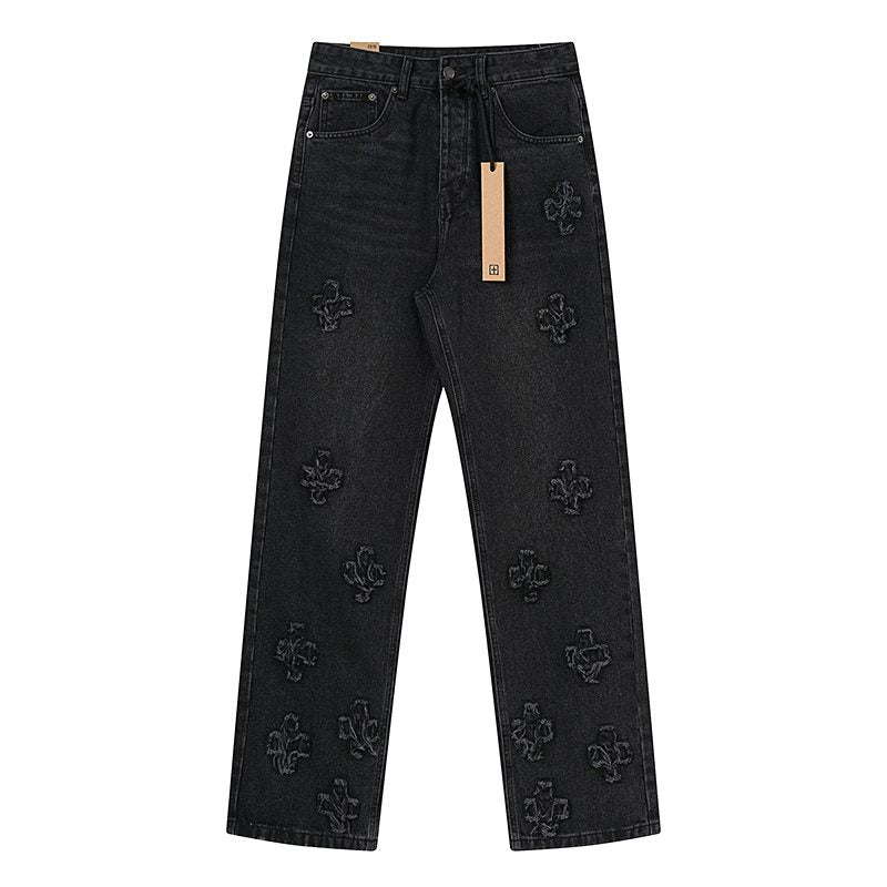 Ksubi Black Distressed Cross Embroidered Straight-Leg Jeans